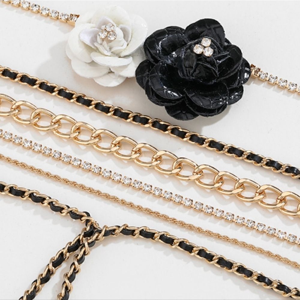 Textured Multi Strand Rhinestone Faux Leather Flower Necklace - Picture 9 of 9